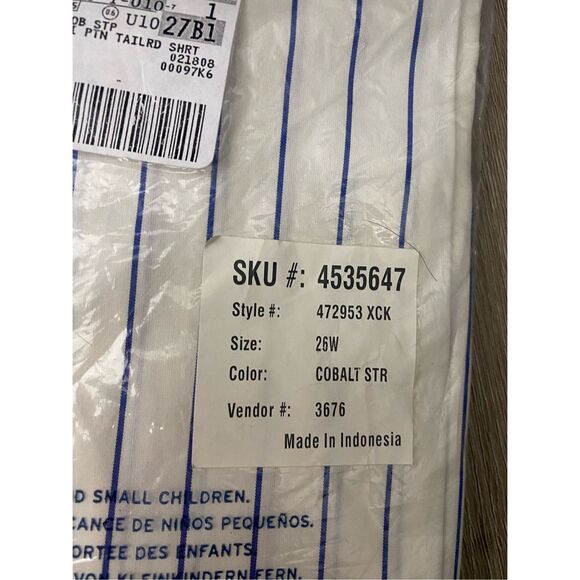 Lands' End NIB No Iron Supima Cobalt Blue Stripe White Button Up, Sz 26W - Picture 5 of 5